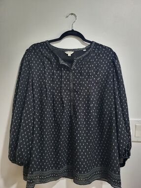 Max Studio London Black Floral Blouse 1X Boho Peasant Top Lightweight